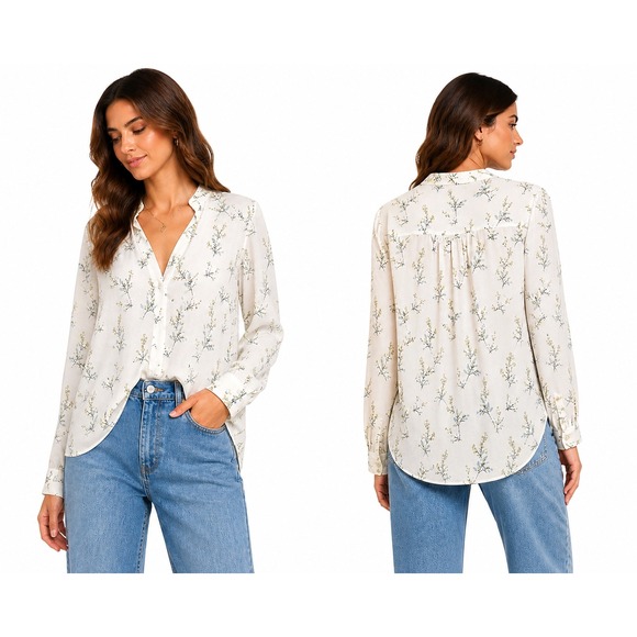 LOFT Tops - LOFT Blouse Womens MP White Floral Button Down Long Sleeve Petite Cottagecore